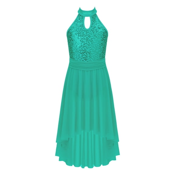 inhzoy Kids Girls Sequins Lyrical Dance Dress Halter Neck Ballet Figure Skating Dance Leotard Dress Blue Green 14