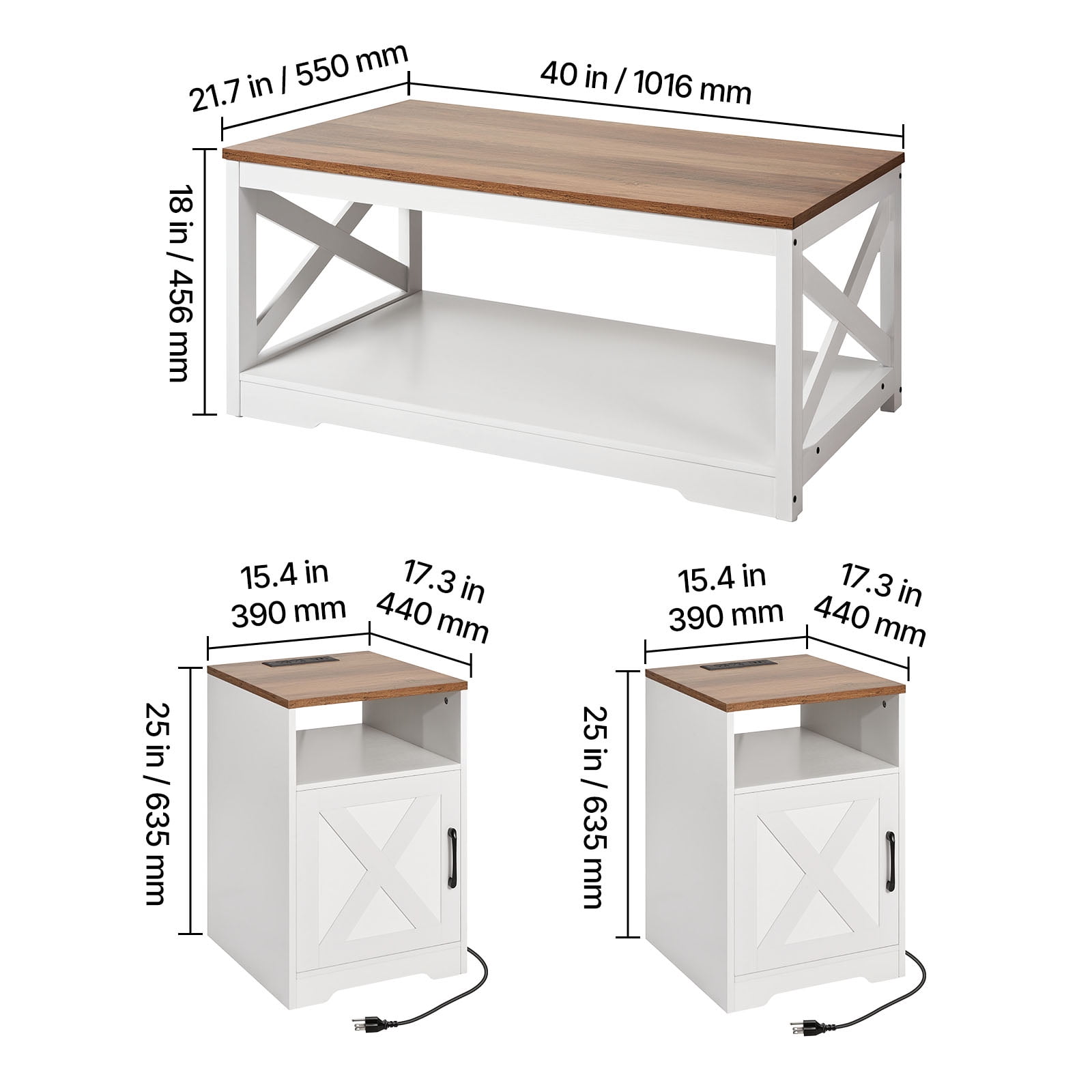 KFFKFF 3-Piece Industrial Coffee Table Set, 40-Inch Coffee Table with 2 Side Tables, Easy Assembly with Built-in Charging Station, Ideal for Living Rooms, Offices, and Apartments