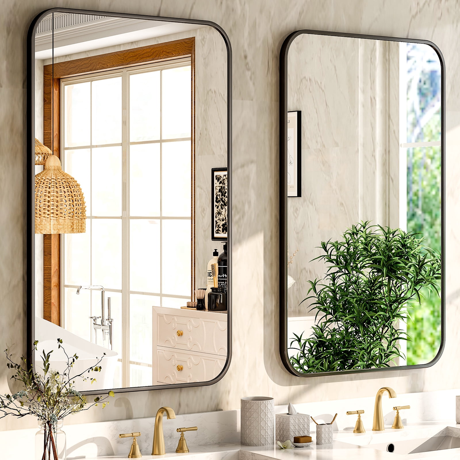 Lumora 48"x30" Rectangular Bathroom Mirror with Round Edge Wall Mounted Wall Mirror, Black