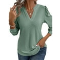 thumbnail image 5 of Hibeli Women V Neck Long Sleeve Curved Hem Solid Color Textured Tops, 5 of 6