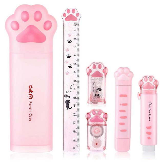 Cute Cat Paw Stationery Set, 6 Pcs Kawaii Cat Stationary Kit Pencil Sharpener Retractable Eraser Cor