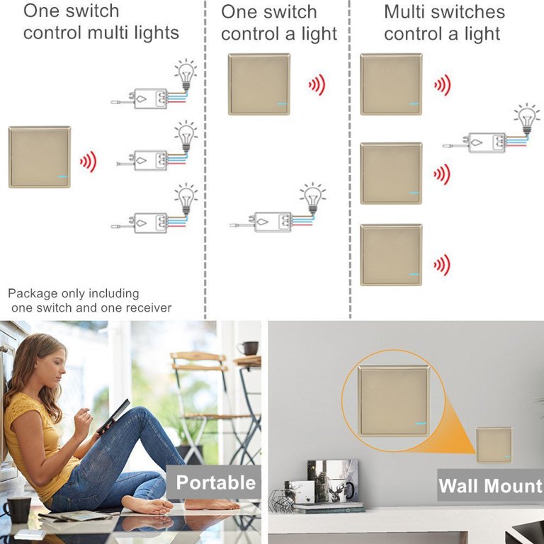 GREENCYCLE 1PK 3-Gang Gold Wireless Light Switch Outdoor 1600ft Indoor  130ft Remote Control with frame Design Work with our 110V Receiver for LED Lamp  Bulb Fan Devices 