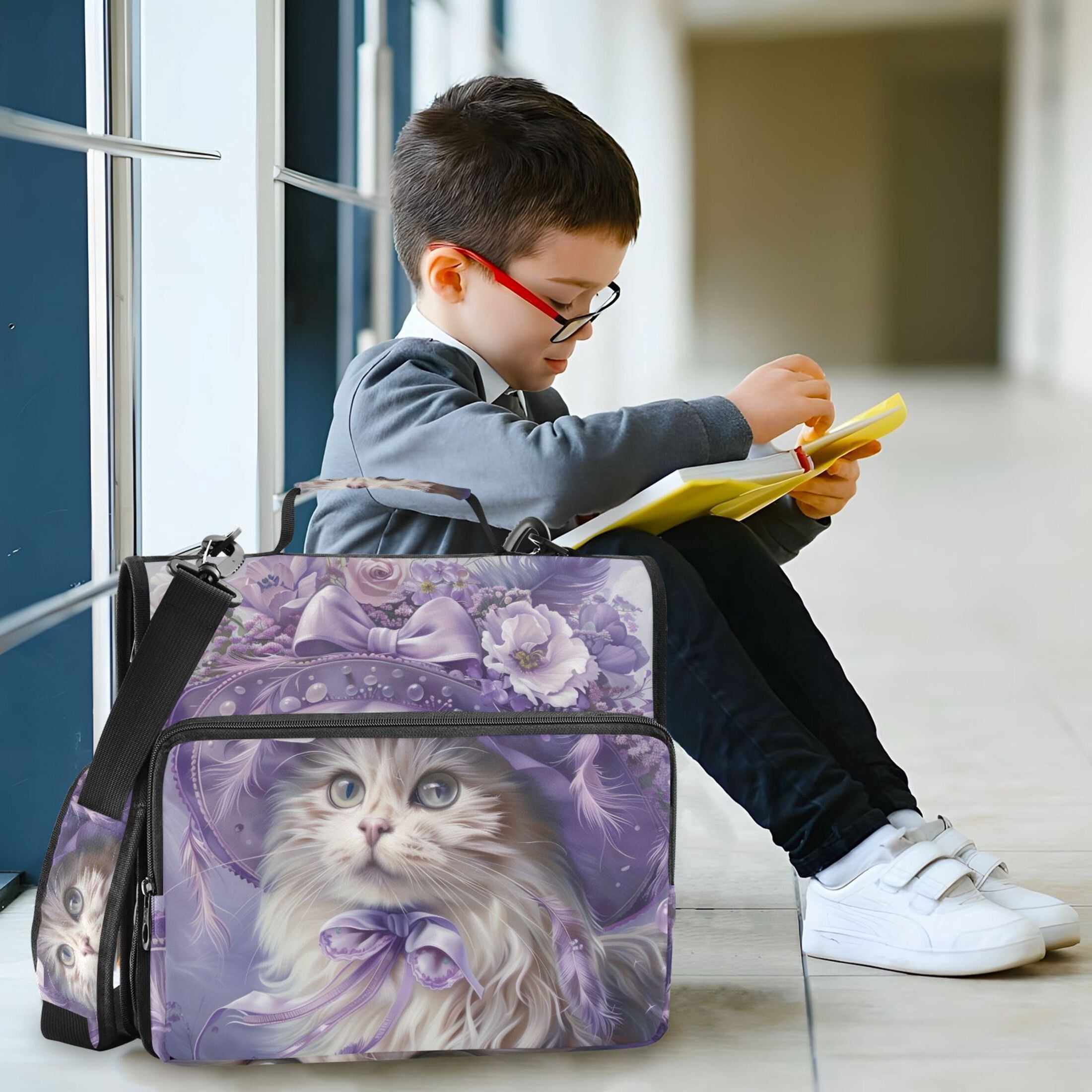 3 Ring Zipper Binder with Shoulder Strap Waterproof Trapper Keeper 2 Inch D-Ring 500 Sheets Capacity Elegant Cat with Lilac Flowers Hat