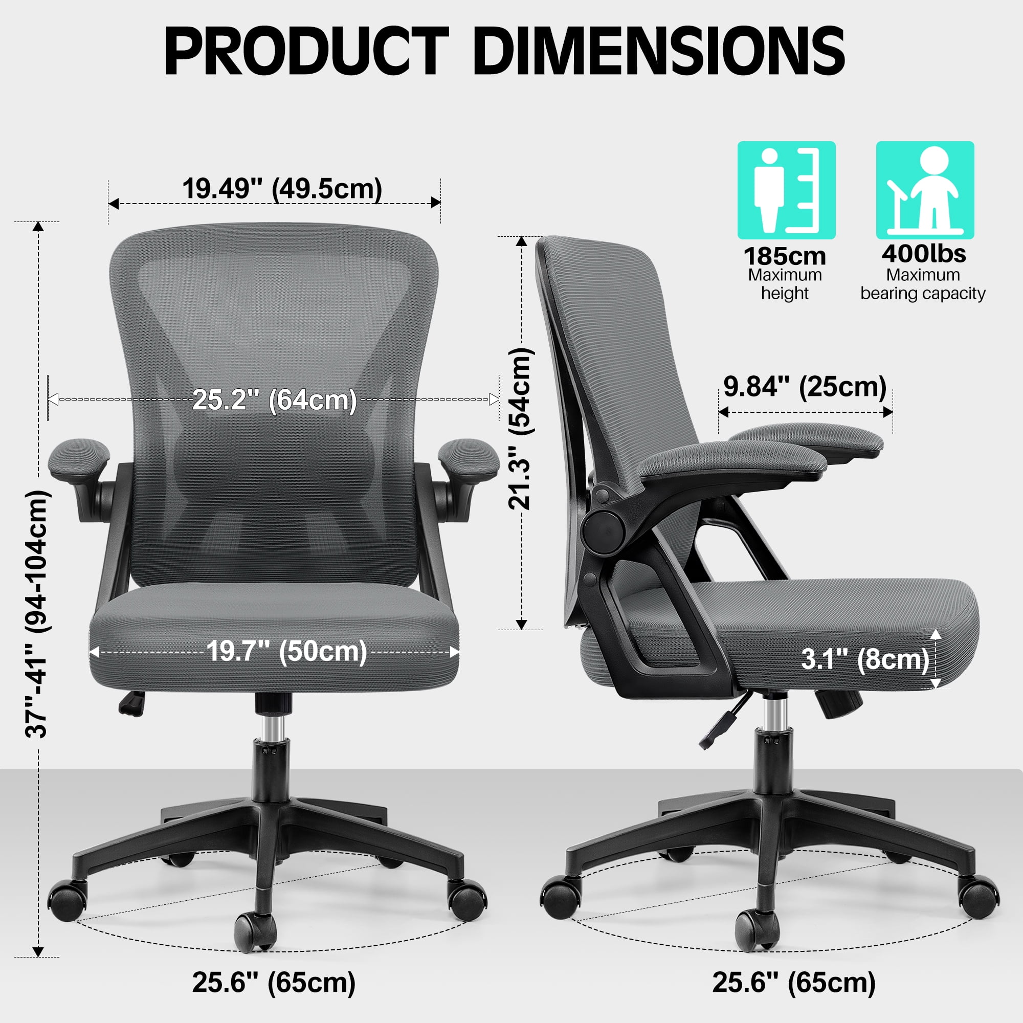 COOLHUT Office Desk Chair, Ergonomic Mesh Rolling Work Swivel Task Chairs with Wheels, Comfortable Lumbar Support, Comfy Flip-up Arms for Home, Bedroom, Study, Student, 8-Years Warranty, Dark Gray