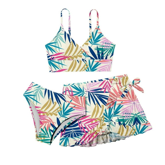 Shadoumai Girl's 3 Piece Bikini Sets Floral Print Spaghetti Straps Cute Swimsuits with Beach Skirt Bathing Suits