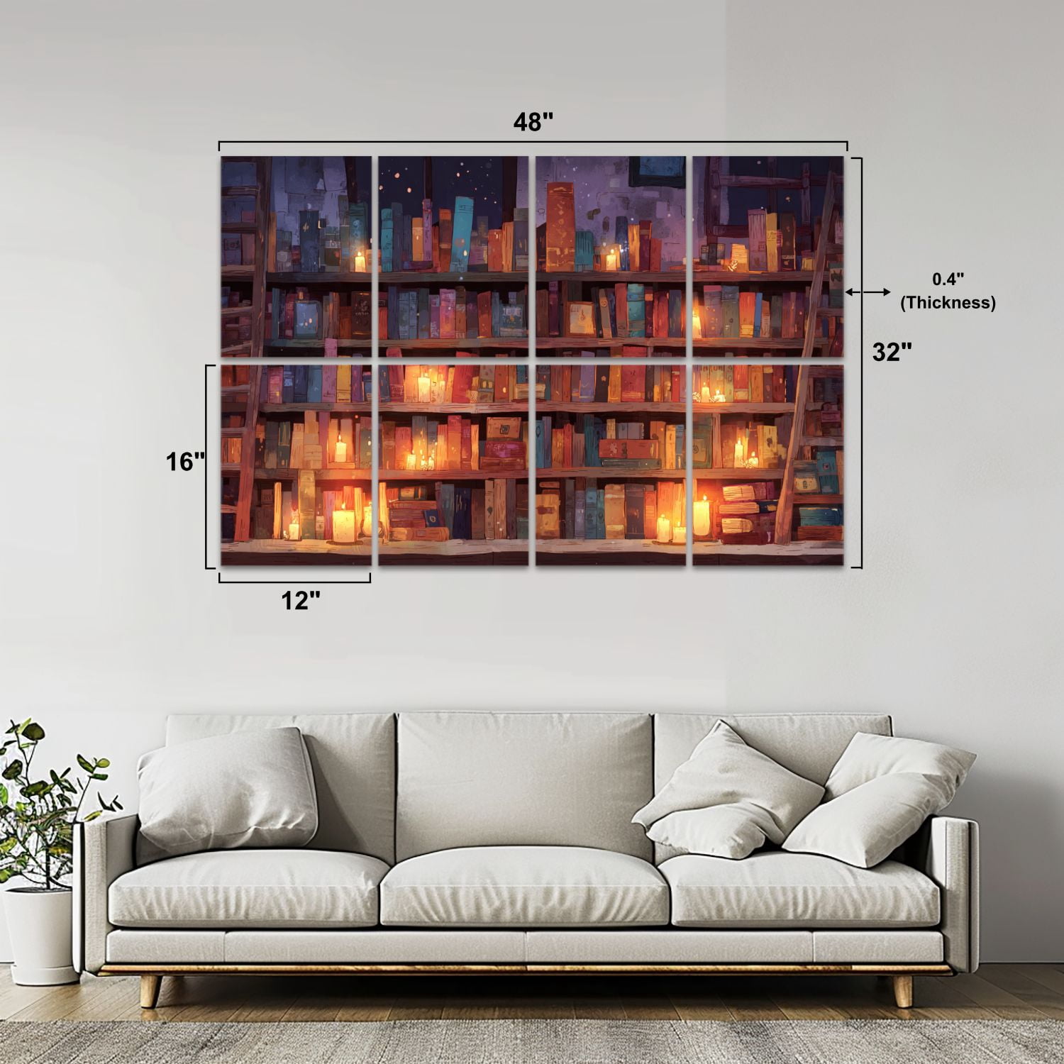 8 Pack Art Acoustic Panels Sound Absorbing Wooden Shelves Books Glowing Candles Tranquil Library Decorative Soundproof Wall Panels Self Adhesive for Nursery Game Room Bedroom 48"x32"