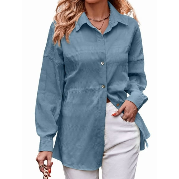 Womens Casual Collared Blouse Loose Fit Long Sleeve Button Down Seersucker Shirt Tops Blue L