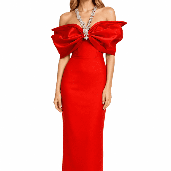 Women Red Off Shoulder Maxi Dress Big Bow Satin Bodycon Evening Party Clubwear Pageant Gown