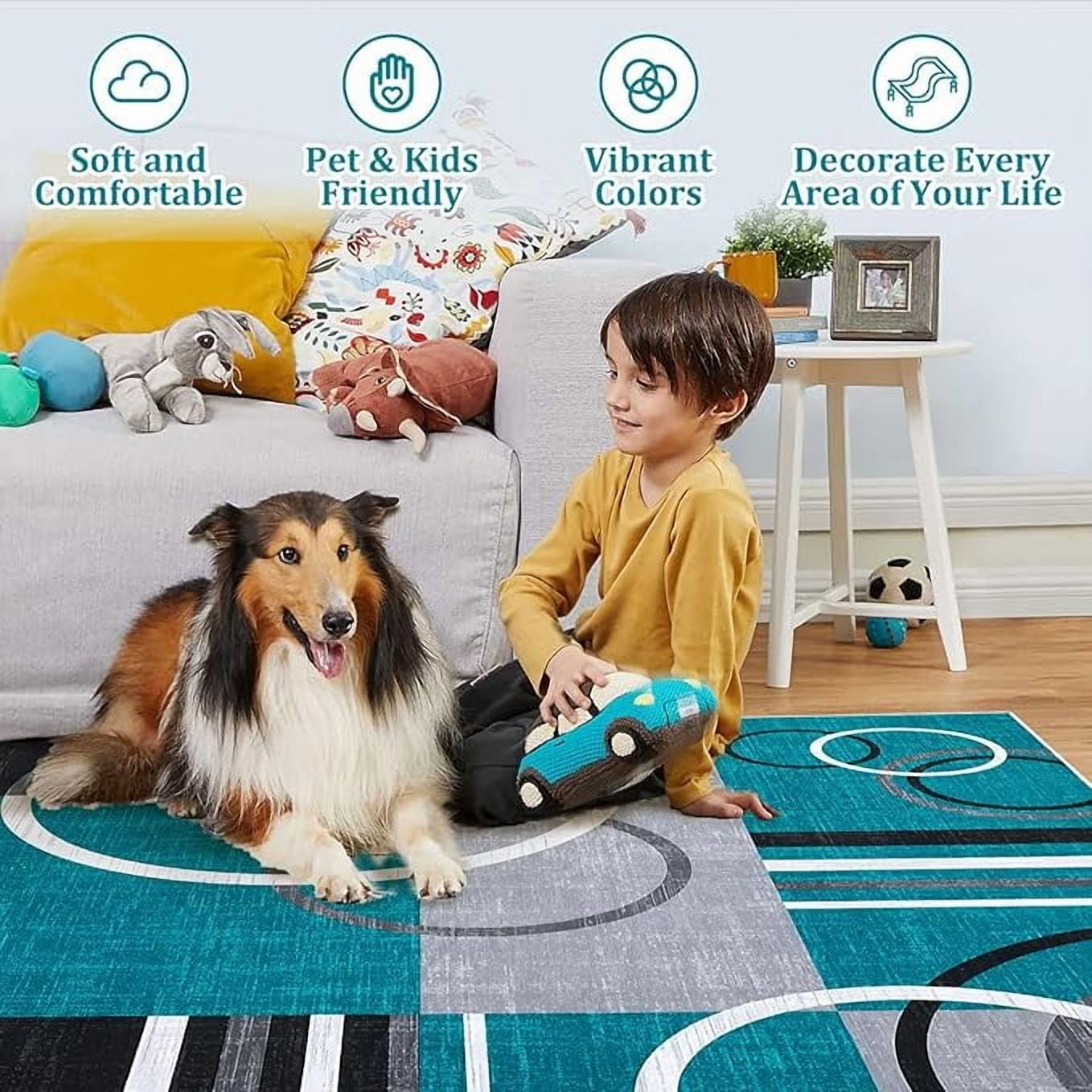 Washable Abstract Circles Area Rug 10x13 - Non Slip Floor Carpet, Contemporary Soft Low Pile Accent for Indoor Living Dining Room, Turquoise