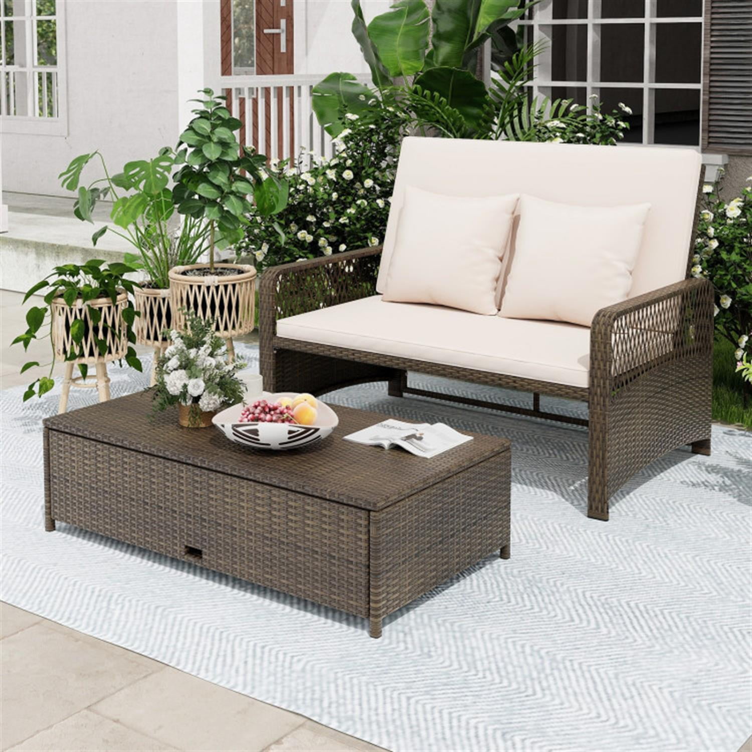 Demi Bonn Outdoor Patio Adjustable Wicker Daybed with 4-Level Backrest and Soft Cushions, Conversation Loveseats for Garden Poolside Balcony, Beige