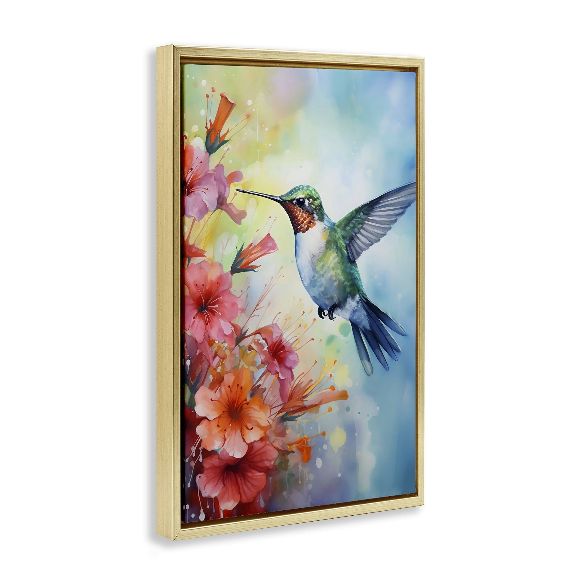 Stupell Industries Hummingbird Hibiscus Serenade Gold Framed Floater Canvas Wall Art, design by Creative Studio