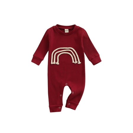 

Canrulo Newborn Baby Girl Ribbed Clothes Long Sleeve Romper Rainbow Print Jumpsuit One-Piece Fall Playsuit Clothes Wine Red 0-3 Months