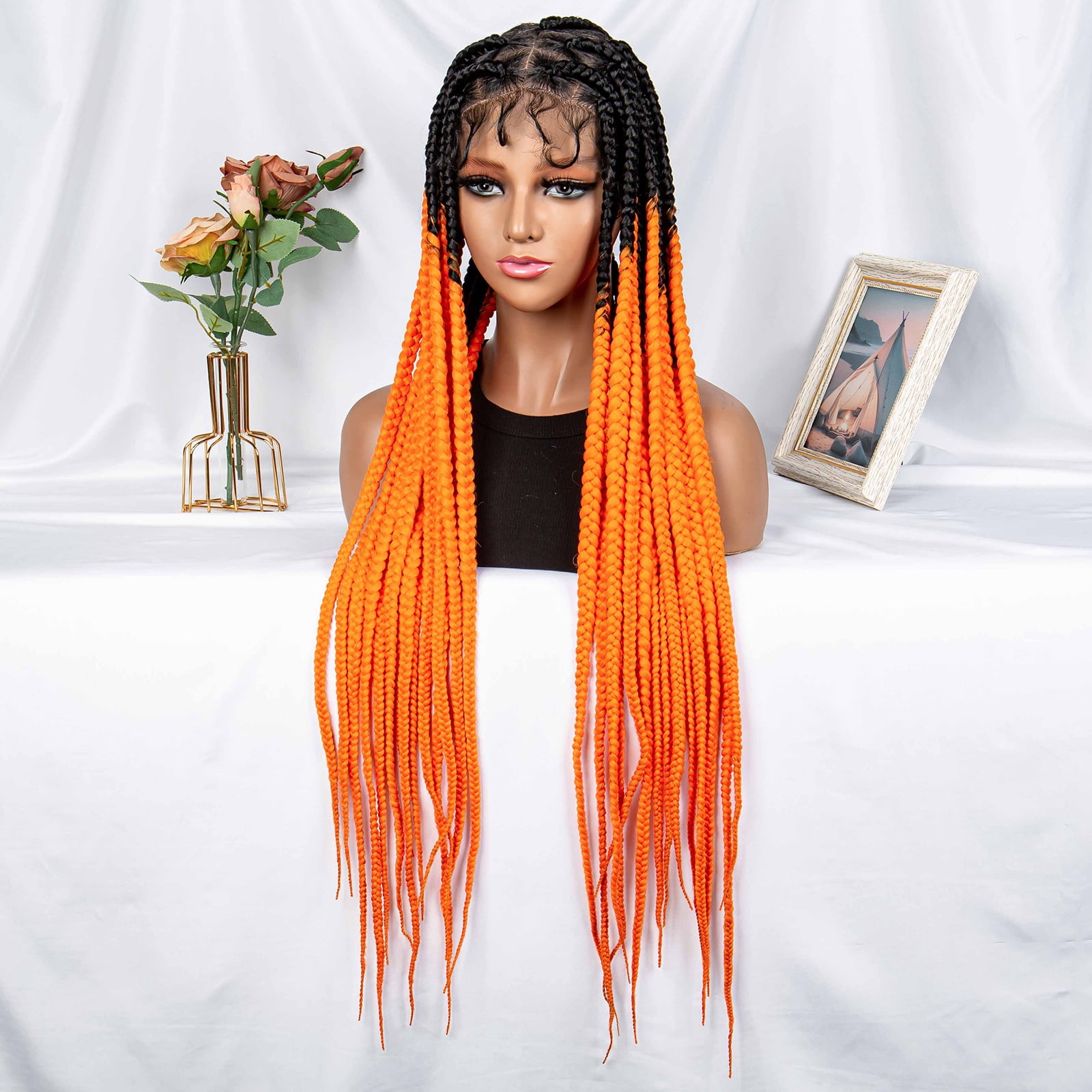 Braided Wigs for Women Full Double Lace Braided Wigs Knotless Box Synthetic Lace Front Braided Wigs Cornrow Braids with Baby Hair Handmade Braided Wigs 32 inches (OT/Orange Color)