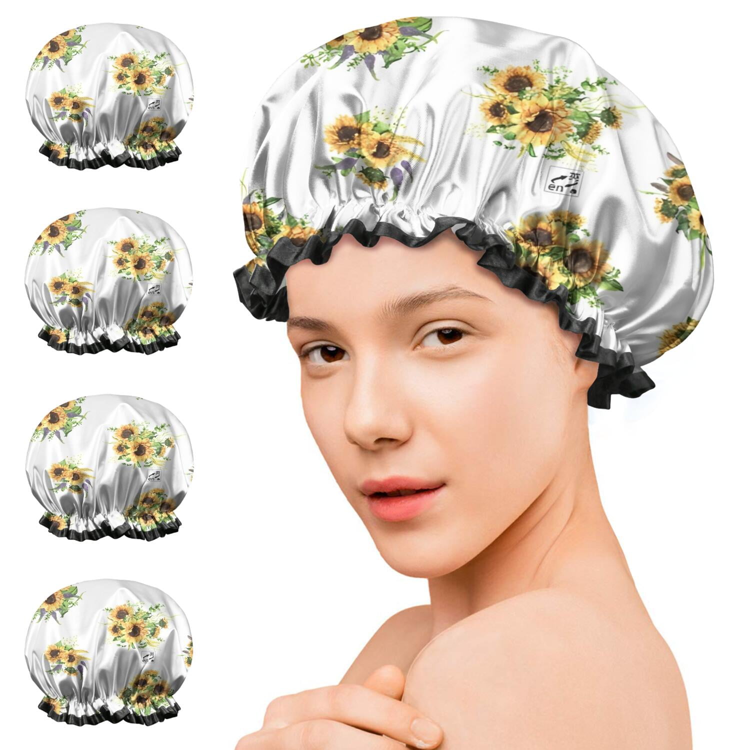 Shower Caps,White Yellow Purple Flower Bouquet Sunflower Pattern Waterproof Shower Cap for Women 4 Pieces,Double Reusable Hair Cover for Shower PEVA Elastic Stretch Hem
