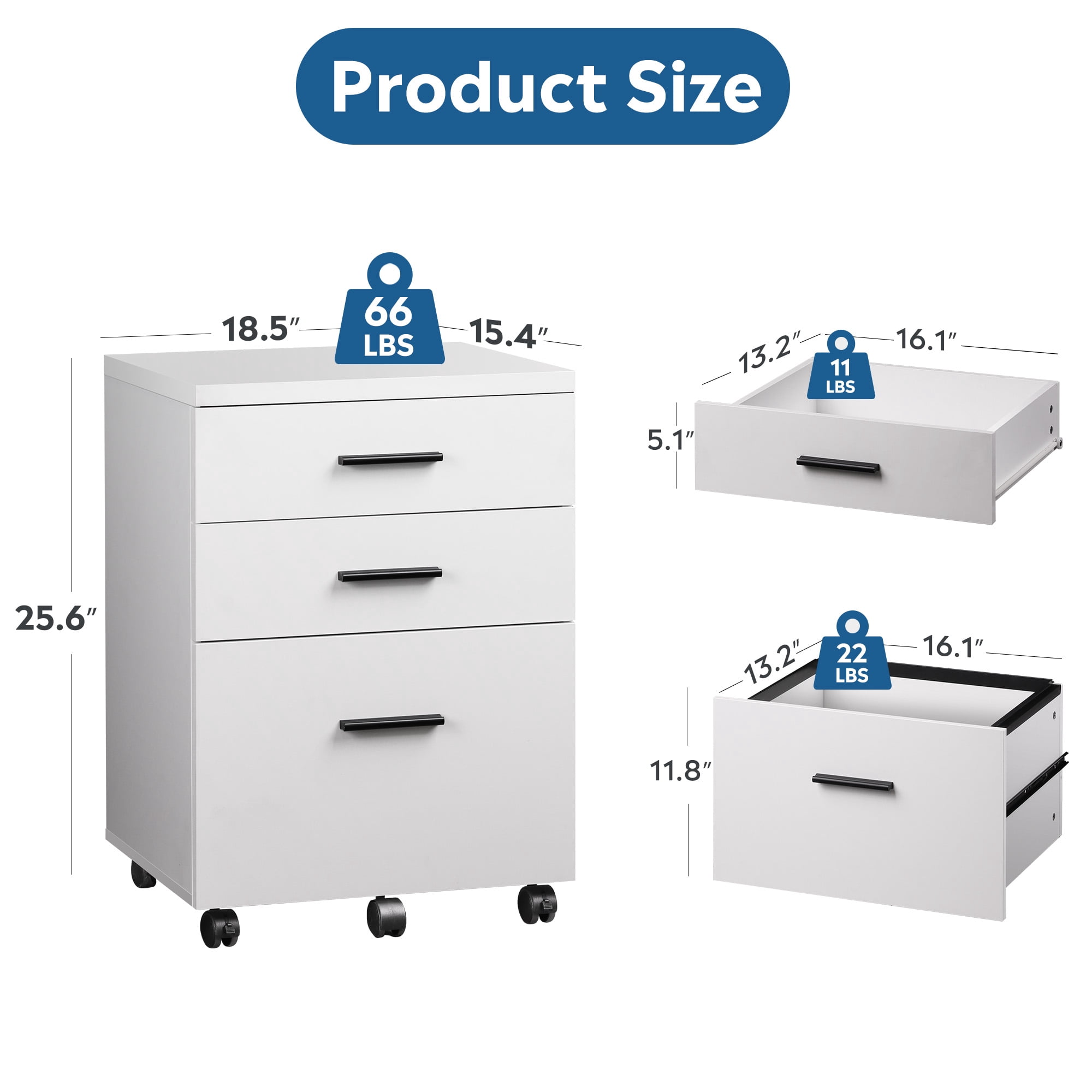 GALAXHERO Wood Rolling File Cabinet with 3 Drawers(Widen), Portable Vertical Mobile Wooden Storage Filing Cabinet, for Home Office, White