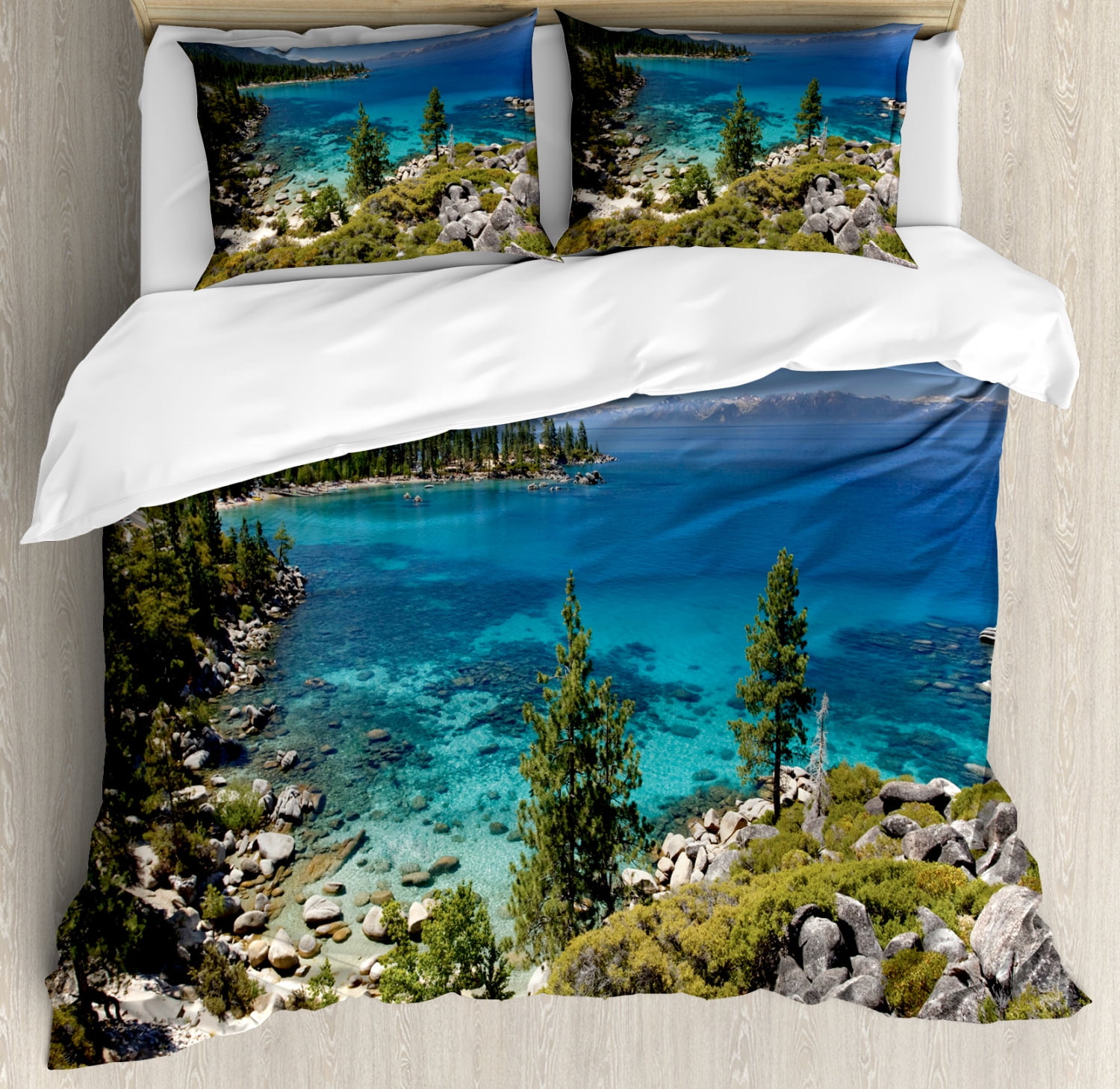 Lake Forest Duvet Cover Set, Beautiful Natural Scenery of Lake Tahoe Kayaking Shore Rocks