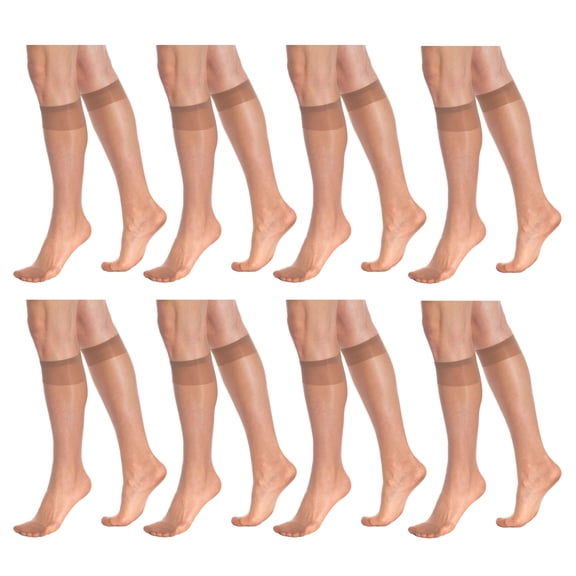8 Pairs Sheer Knee High Socks for Women 15 Denier Stay up Band (Bronze)