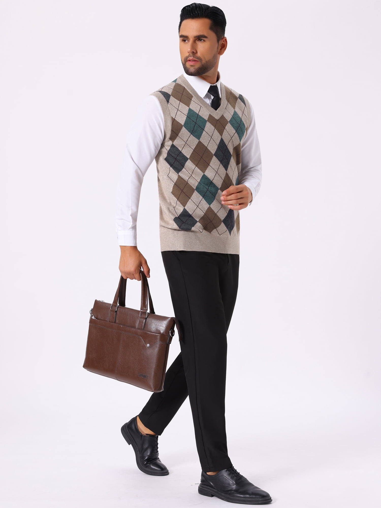 DARING DIVA Men's Casual Knit Sleeveless V-Neck Plaid Argyle Sweater Vest S Light Brown