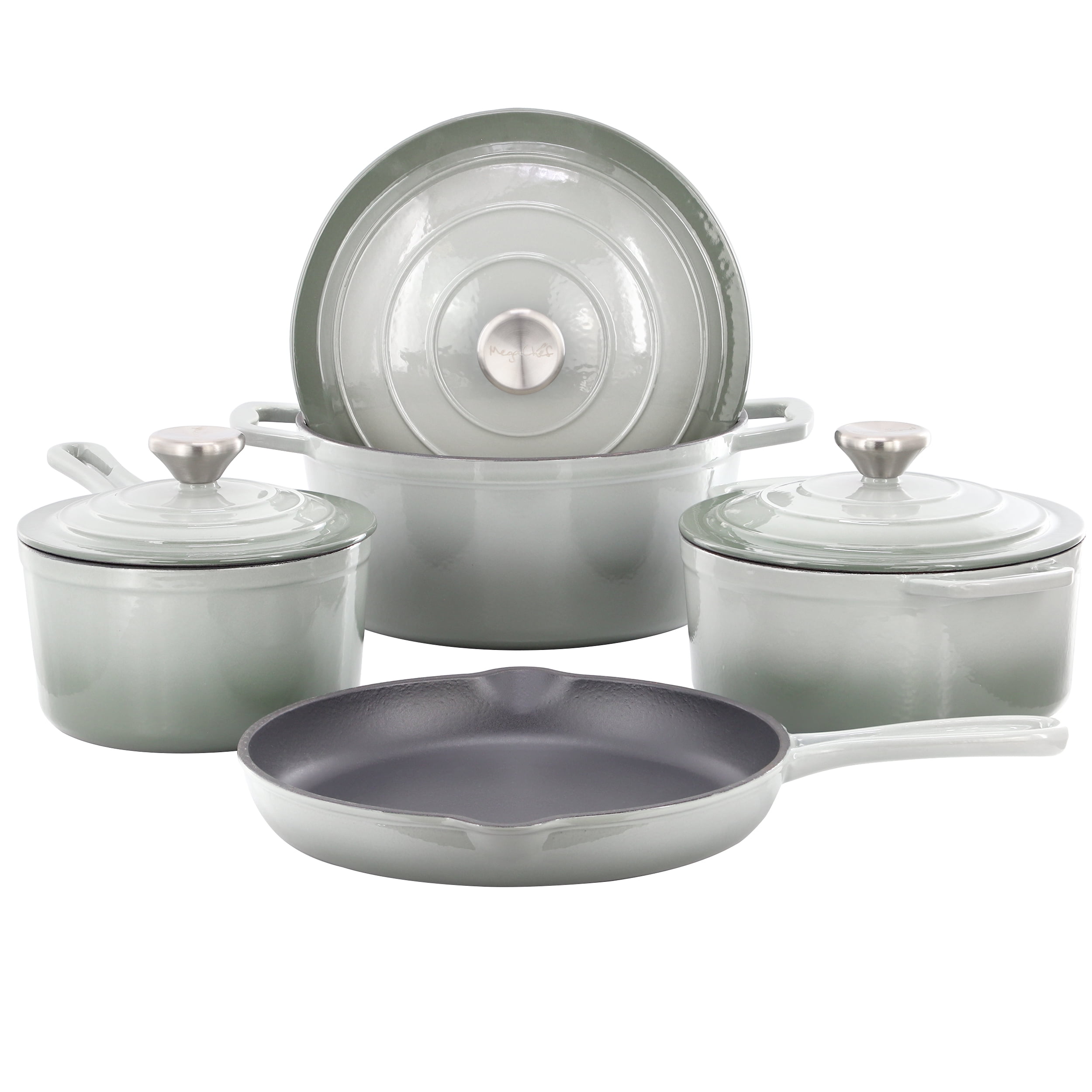 MegaChef 7 Piece Enameled Cast Iron Cookware Set in Gray