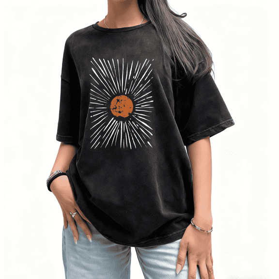 Washed Vintage Sun Line Graphic Tee T-Shirt Top Print Soft Breathable Short Sleeve Round Neck Black S-2XL Plus Size