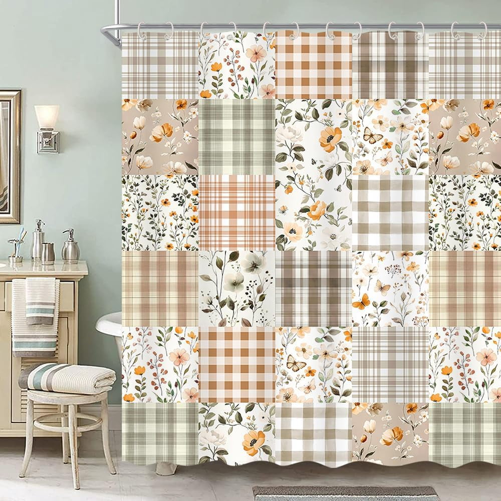 Cute Plaid Floral Shower Curtain, Boho Sage Green Flower Fabric Shower Curtains for Bathroom, Retro Pink Flower Checkered Patchwork Bath Curtain Set Washable Waterproof with 12Hooks 72X72IN