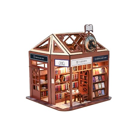 3D Stereo Wooden Bookshop Cottage with LED Lights Puzzle Kits for Adults, DIY Creative Handcrafted Miniature Wooden Art House, Perfect Present for Friends