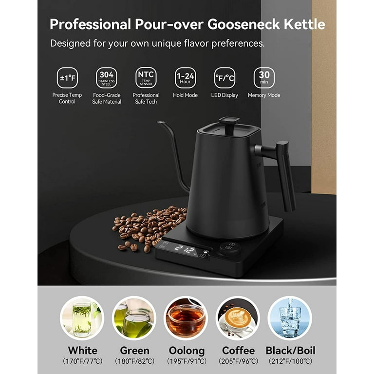  Gooseneck Electric Kettle, Temperature Variable Tea Kettle for  Coffee Tea Brewing, 0.9L Stainless Steel Electric Tea Kettle, Temperature  Holding, Built-in Stopwatch, LED Display: Home & Kitchen