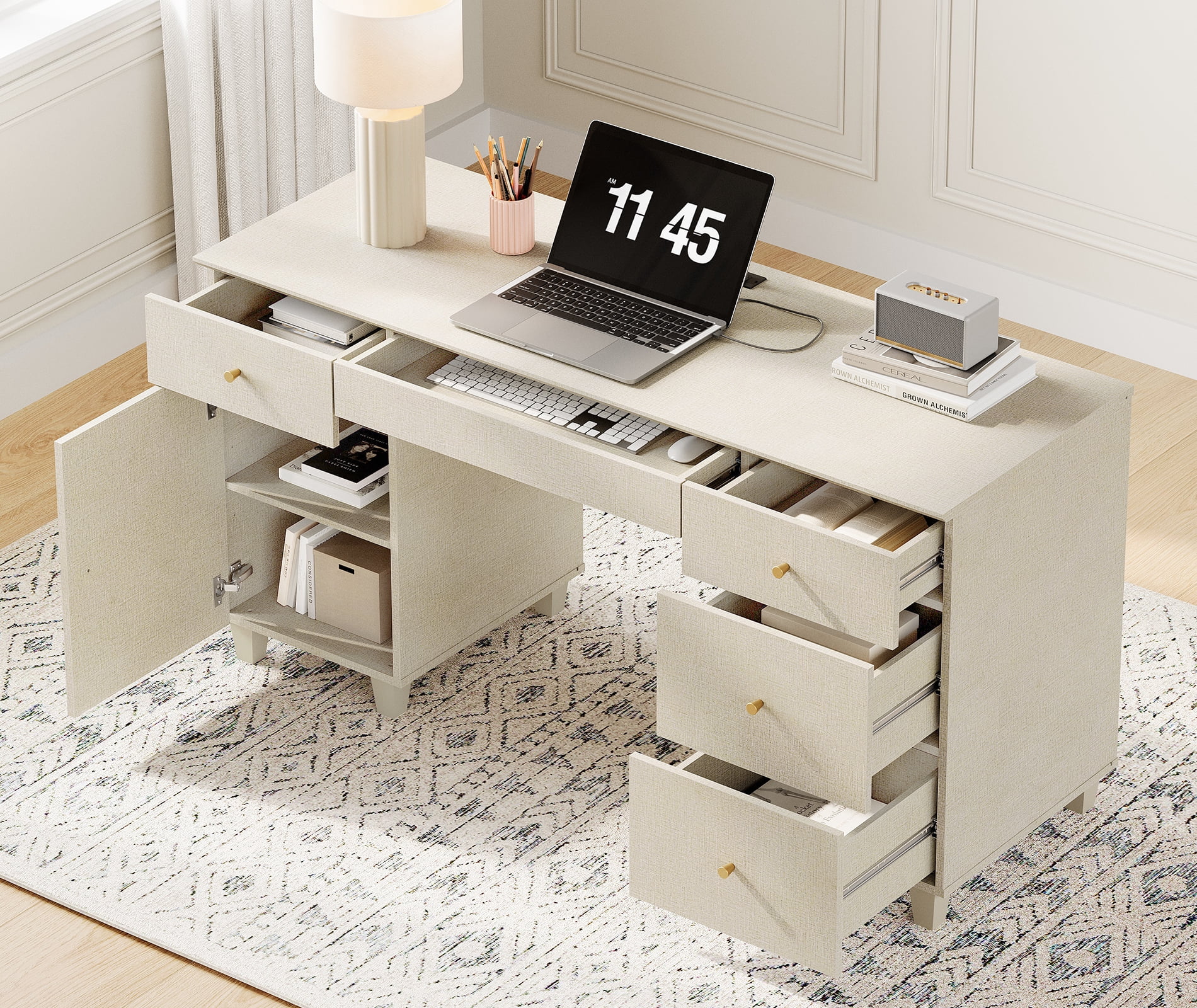 WAMPAT 58" Executive Desk with 5 Drawers and 1 Door, Modern Farmhouse Home Office Computer Table with Charging Station, Beige