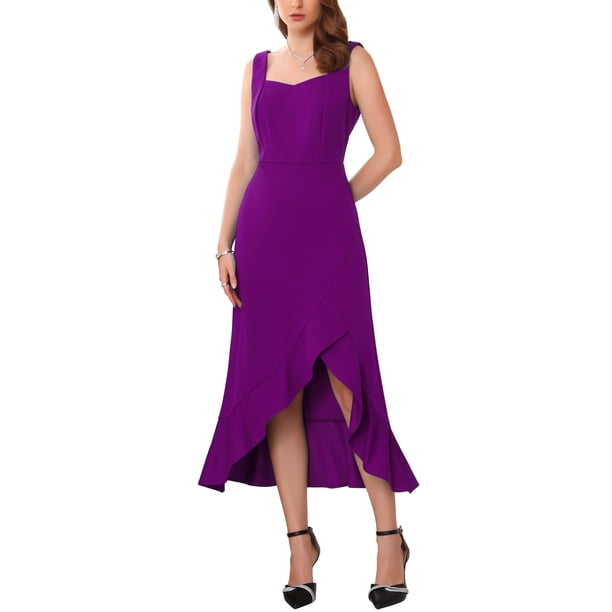 INSPIRE CHIC Vestido de cóctel para mujer sin mangas elegante con volantes y dobladillo dividido, vestido de fiesta de noche L púrpura