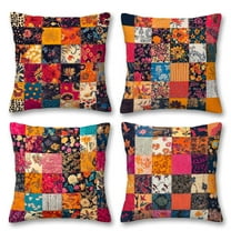FexNuvko Printed Faux Patchwork Throw Pillow Covers 16x16 Set of 4 | Rustic Kantha Cushion Cases with Hidden Zipper | Decorative Pillowcases for Couch Sofa Living Room Bedroom Decor
