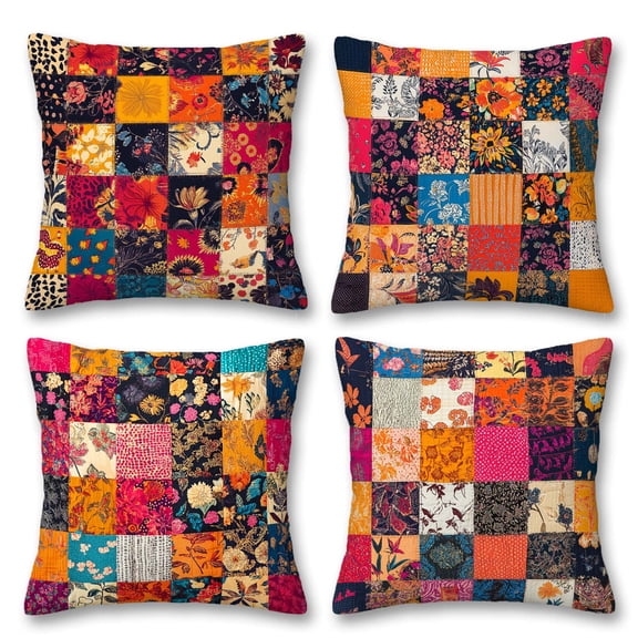 FexNuvko Printed Faux Patchwork Throw Pillow Covers 16x16 Set of 4 | Rustic Kantha Cushion Cases with Hidden Zipper | Decorative Pillowcases for Couch Sofa Living Room Bedroom Decor