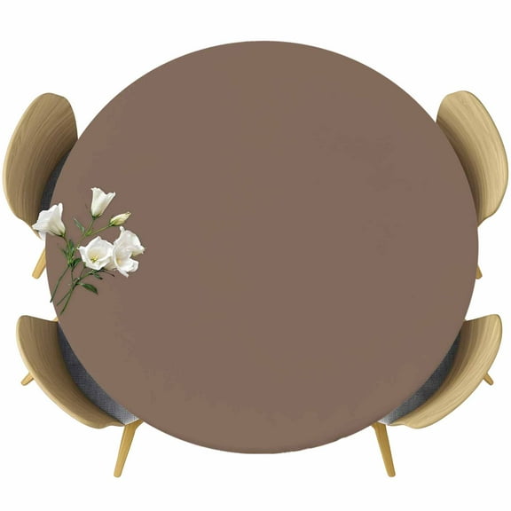 Solid Color Round Fitted Table Cover Brown Waterproof Table Cloth with Elastic Edge Wipeable Tablecloth for Picnic Camping Party Fits 36"-44" Diameter