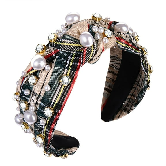 Christmas Headband for Women, White Pearl Rhinestone Crystal Jeweled Embellished Hairband, Wide Top Knot Hairband Headpieces, Christmas Holiday Party Costume Decoration