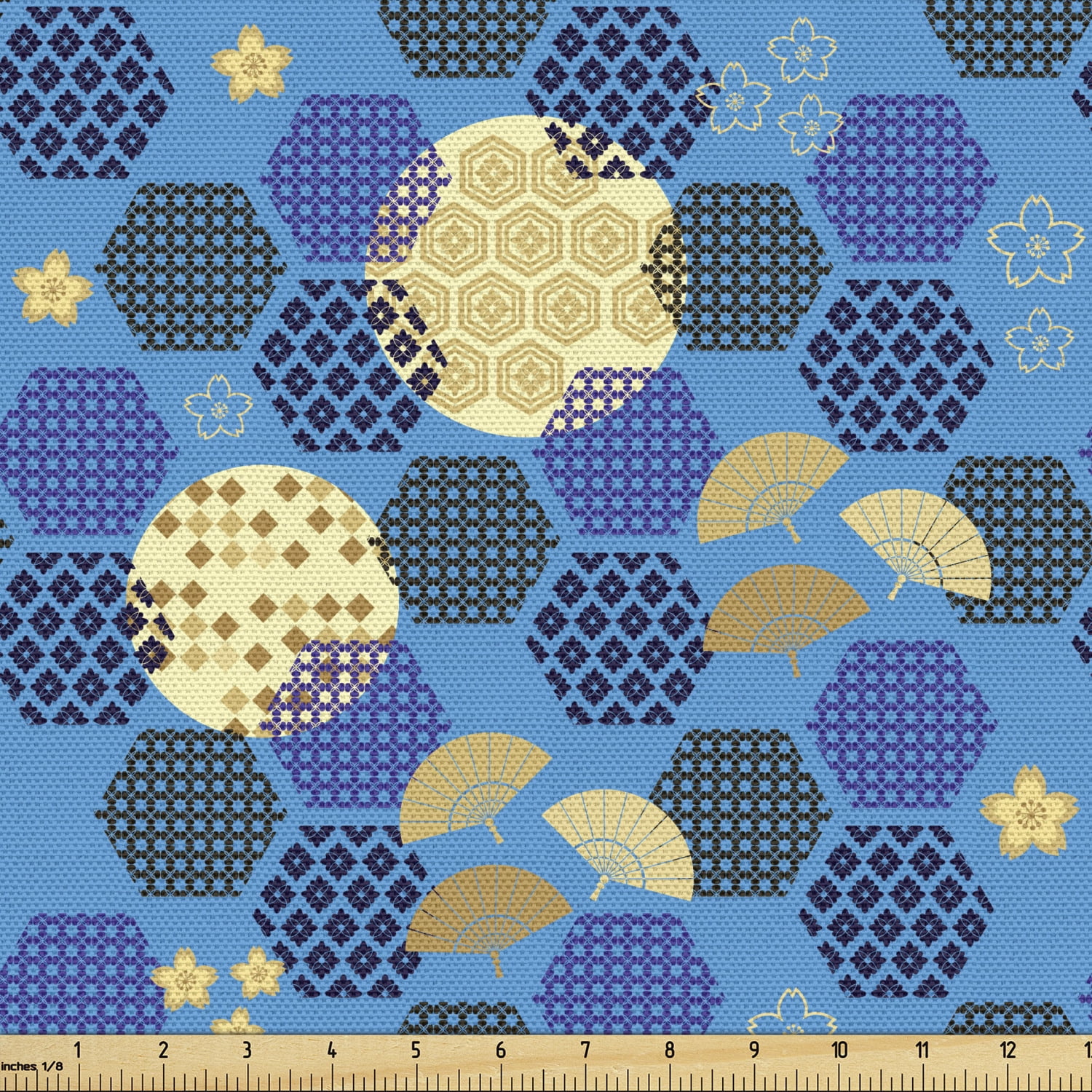 Japanese Fabric by the Yard, Folkloric Ornamental Hexagons Ethnic Fans