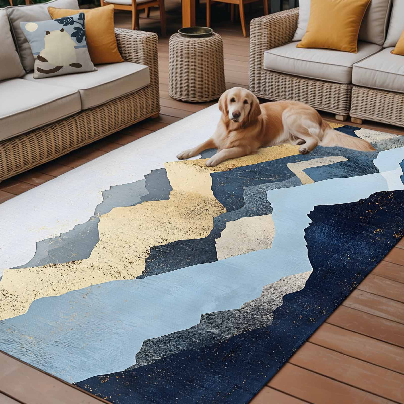 Outdoor Rug 5x8ft Abstract Ombre Blue Golden Mountain Large Area Rug Modern Art Indoor Outdoor Carpet Outdoor Rugs Mats for Patio Camping,RV,Front Door, Outside Decor