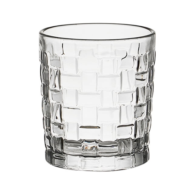 taza de vidrio con relieve para el hogar, 400ml, para jugo, café, bebidas frías Taza de vidrio transparente color blanco con relieve cuadriculado, vista frontal centrada, silueta cilíndrica con base estable y boca ancha; según especificaciones es de vidrio resistente, apta para microondas y lavavajillas, indicada para servir jugo, café o bebidas frías y adecuada también para presentar postres fríos en reuniones.