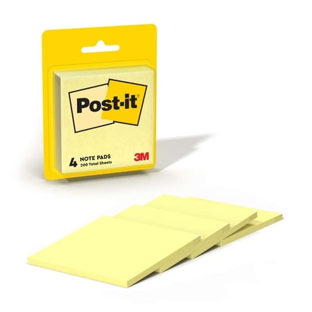 Post-it Notes, 3 in x 3 in, Canary Yellow, 4 Pads/Pack