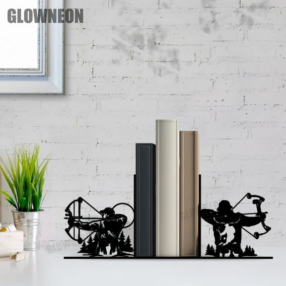 GLOWNEON Bow Bookend Art, Metal Book Holder for Shelf Decor, Gift for Archery and Hunting Lovers