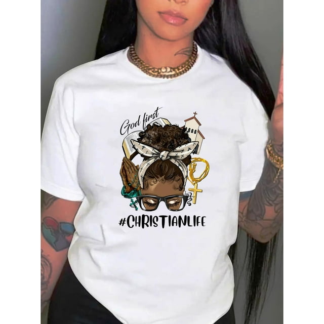 Camiseta Básica para Mujer Verano TranspirableCartoon & Letter Print Comfy T-Shirt, Round Neck Short Sleeve Sports Tee, Women's ActivewearFather's Day, Mother's Day, New Year, Spring Festival, Valen