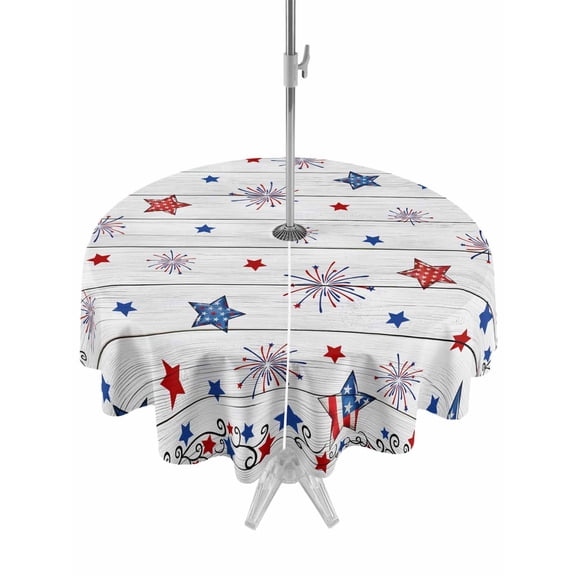 Outdoor Tablecloth with Umbrella Hole for Patio/Picnic/Party/Camping, Independence Day Waterproof Table Cloth Round Cover Washable, Red Blue Star Firework Wooden Grain (Dia 54")