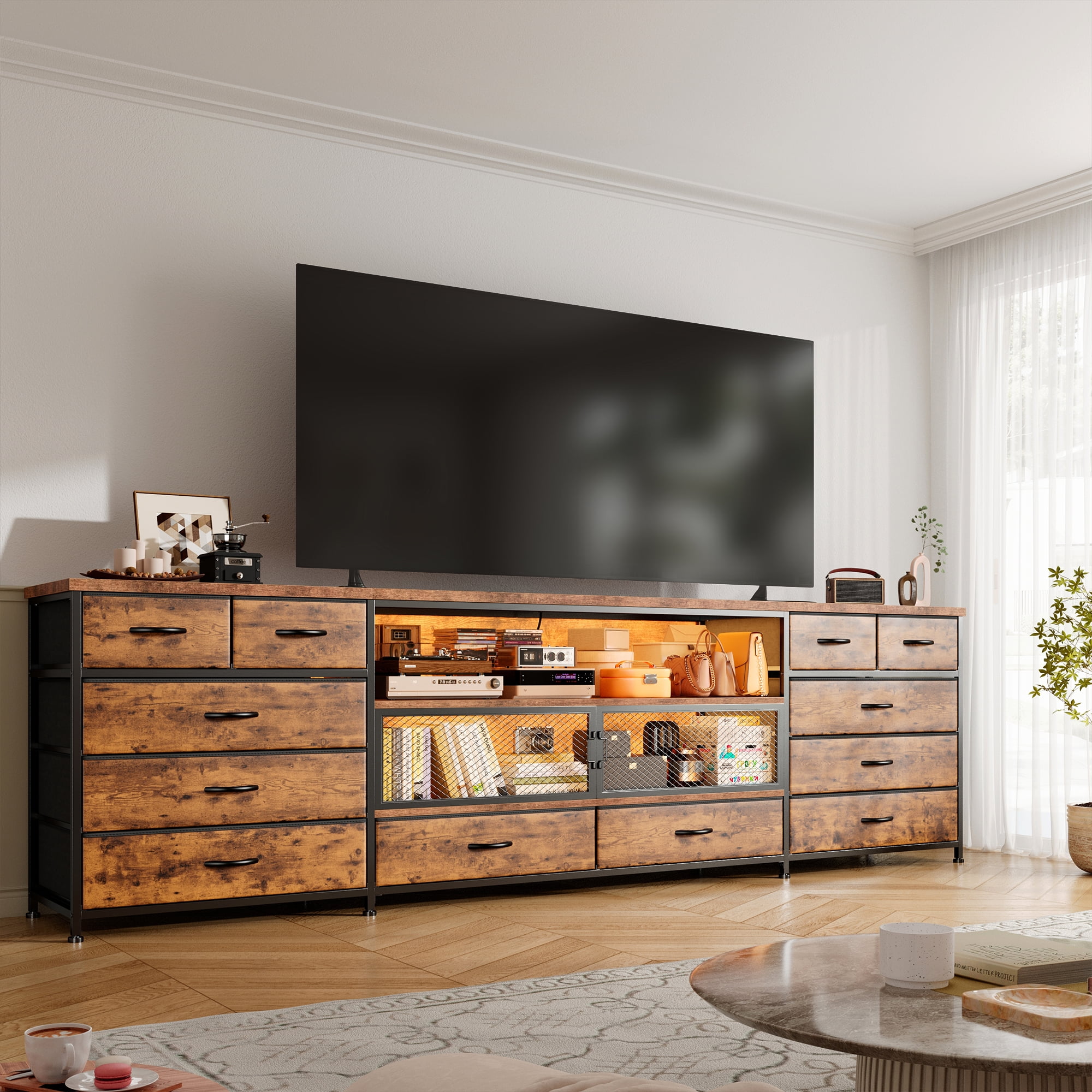 EnHomee TV Stands for Living Room TV Stand for TVs up to 85" Dresser for Bedroom TV Stand with LED Lights & Charging Station