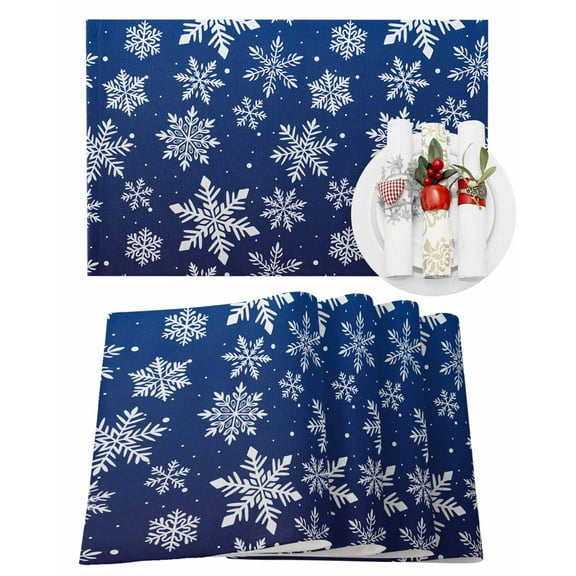 Christmas Placemats Set of 6, White Snowflake Place Mats Blue Winter Snow Placemat Table Decoration for Kitchen Table Dinner Xmas Holiday Party Home Decor Indoor Outdoor 13x19 Inch