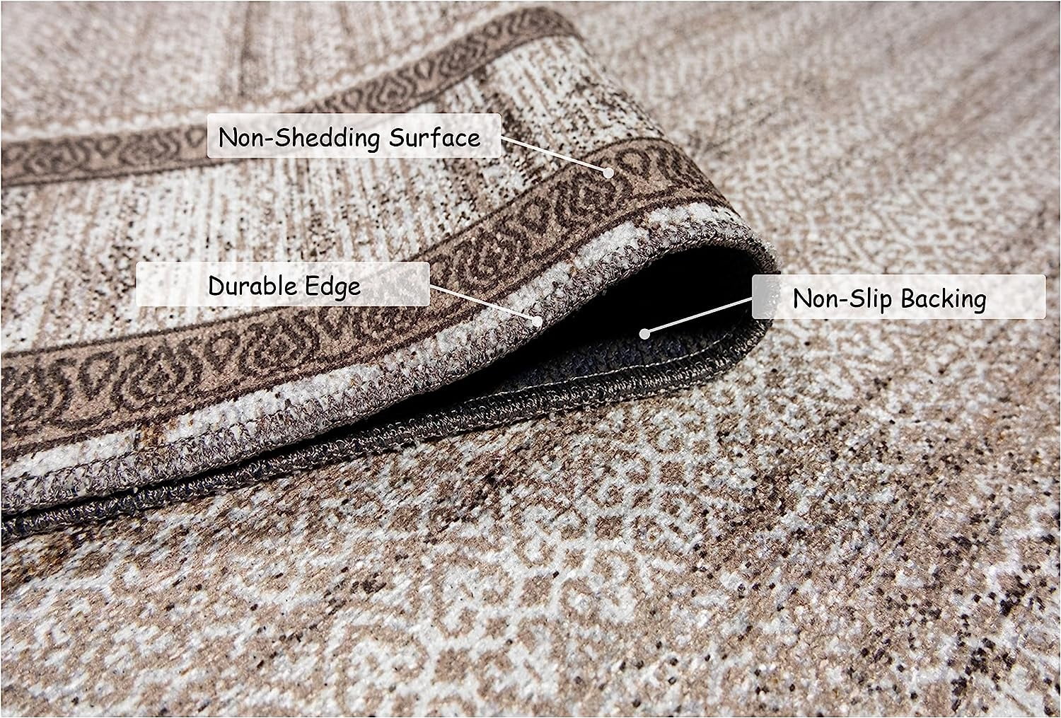 Gloria - Washable Area Rug Low Profile Bordered Washable Runners Anti Slip Backing Rugs for Living Room Light Weight Foldable Carpet