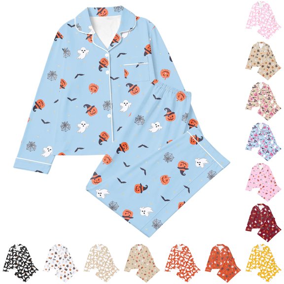 CUZIBR Girls Outfits Lapel Collar Long Sleeve Button Down Halloween Pumpkin Print Shirts And Trousers Loungewear Pajama For Home Comfort Clothes Sets,Sky Blue-a,7-8 Years