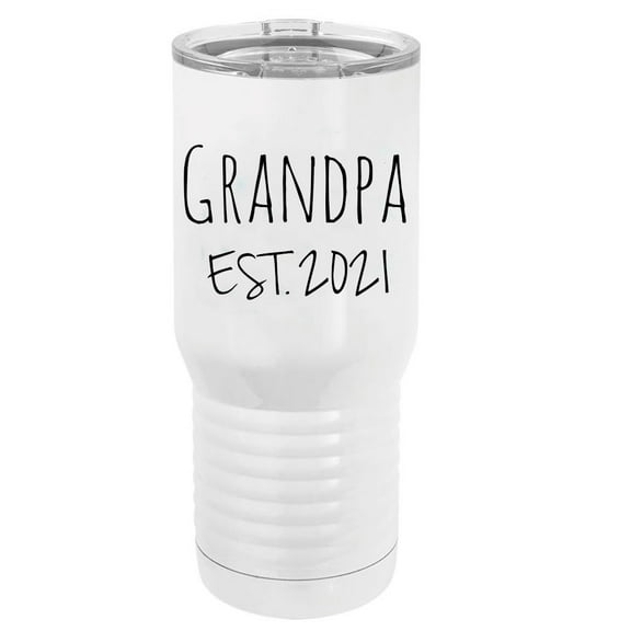 Grandpa Est. 2021 Established Stainless Steel Vacuum Double-Walled Insulated 20 Oz Tumbler Travel Coffee Mug with Clear Lid, White