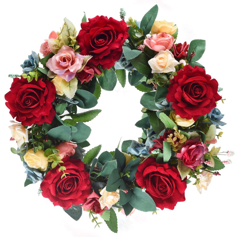 15" Rose Wreath Silk Spring Front Door Wreath,Handcrafted on a