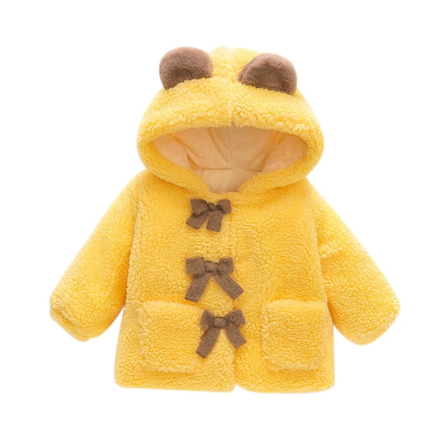 Abrigo De Invierno Para Niños Pequeños Chaquetas De Abrigo Para Niñas Bebé Color Sólido Felpa Lindo Oso Orejas Sudadera Con Capucha Abrigo Grueso Chaqueta Amarilla Odeerbi LM103-9132