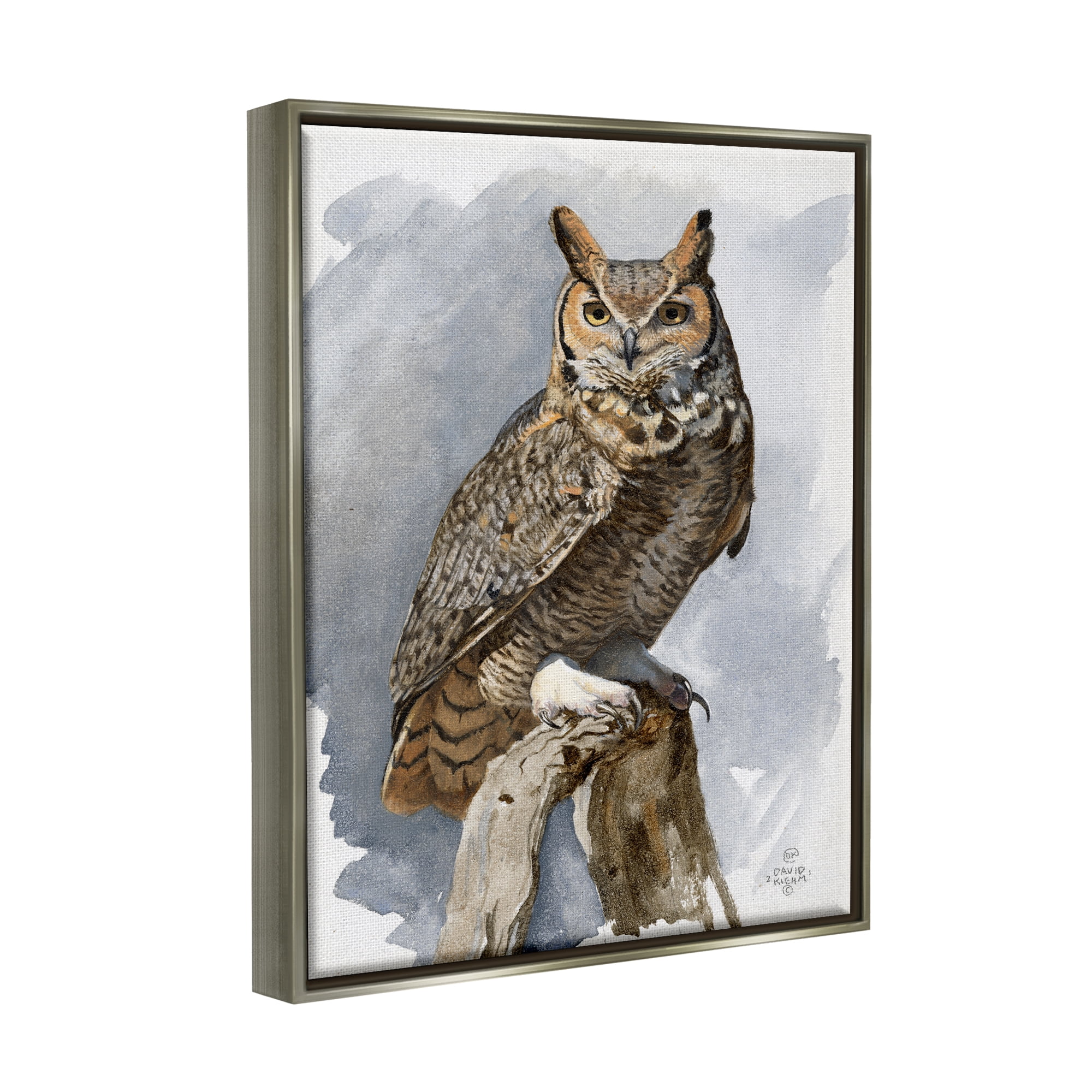 Stupell Industries Horned Owl Perched Animals & Insects Painting Gray Floater Framed Art Print Wall Art, 17 x 21