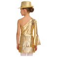 thumbnail image 2 of inlzdz Girls 3Pcs Groovy Jazz Dance Disco Outfit Metallic One Flared Sleeve Leotard with Tassel Skirt Sequin Hat Set Gold 10, 2 of 7