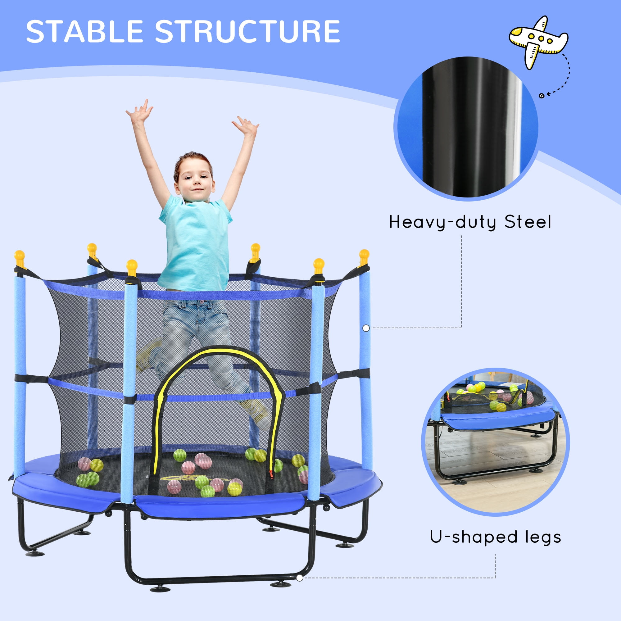 Qaba 4.6' Trampoline for Kids with Safety Enclosure & Ball Pit, Blue